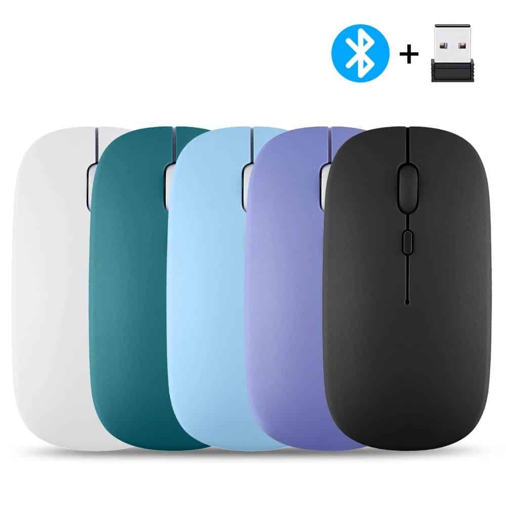 Wireless Bluetooth computer mice set in various colors including white, teal, light blue, purple, and black with USB receiver dock.