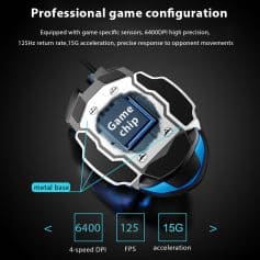 High-performance game chip with 6400 DPI, 125Hz rate, 15G acceleration, designed for professional gaming and high precision control in competitive eSports environments.