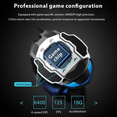 High-performance game chip with 6400 DPI, 125Hz rate, 15G acceleration, designed for professional gaming and high precision control in competitive eSports environments.