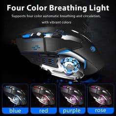 Blue LED gaming mouse with customizable four-color breathing light for immersive gaming experience and enhanced circulation.