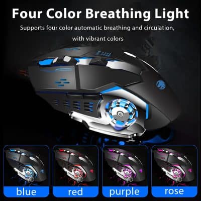Blue LED gaming mouse with customizable four-color breathing light for immersive gaming experience and enhanced circulation.
