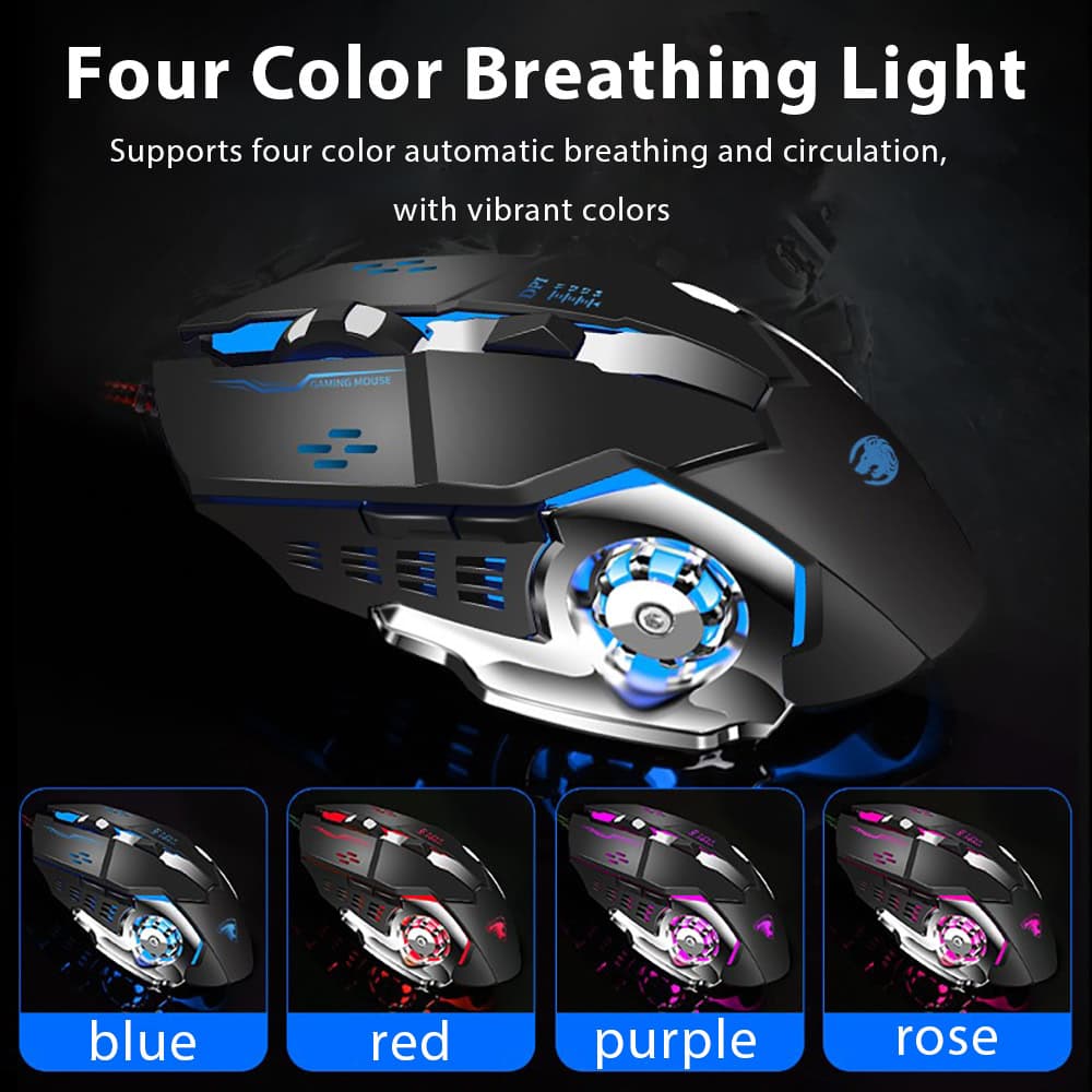 Blue LED gaming mouse with customizable four-color breathing light for immersive gaming experience and enhanced circulation.