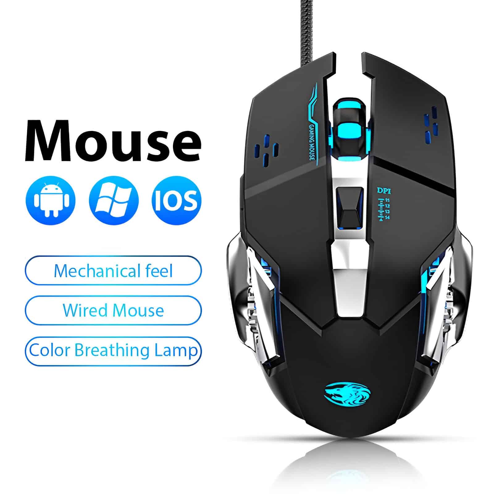 Enhanced gaming mouse with mechanical feel, wired connectivity, RGB color breathing lamp, compatible with Android, Windows, and iOS devices. Perfect for gamers and IT professionals.