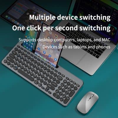 Keyboard and mouse connected to multiple devices for seamless switching, supporting desktops, laptops, tablets, and phones.