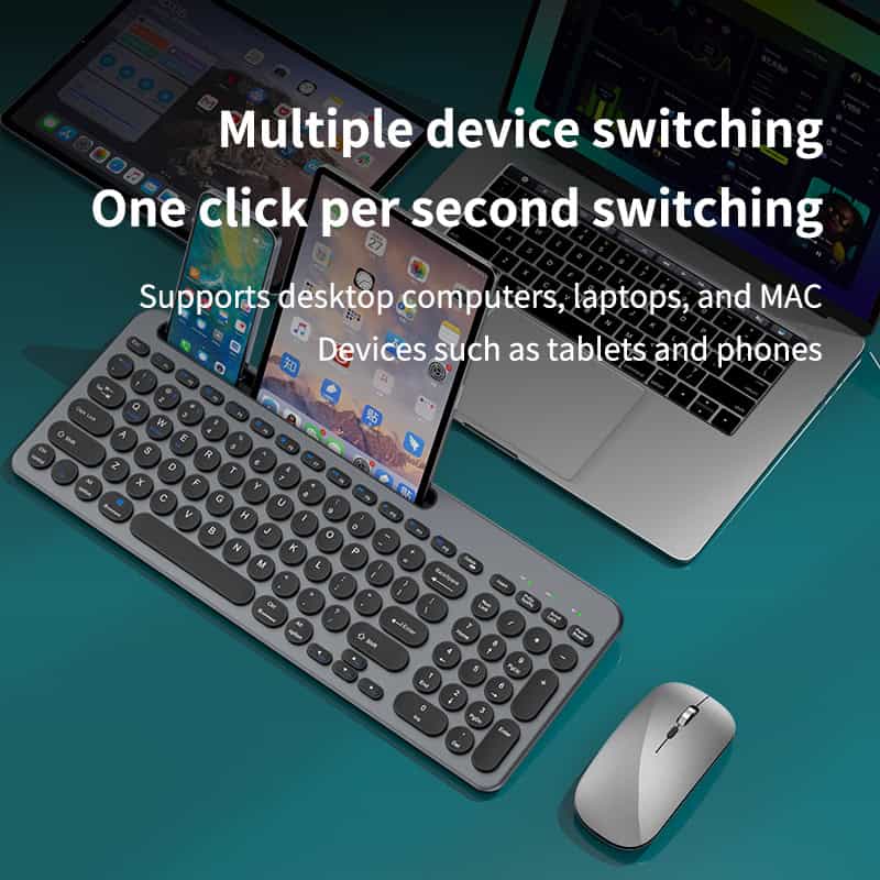 Keyboard and mouse connected to multiple devices for seamless switching, supporting desktops, laptops, tablets, and phones.