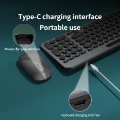 Wireless keyboard with Type-C charging port and portable design, compatible with various devices. Includes mouse and keyboard charging interfaces for seamless energy management.