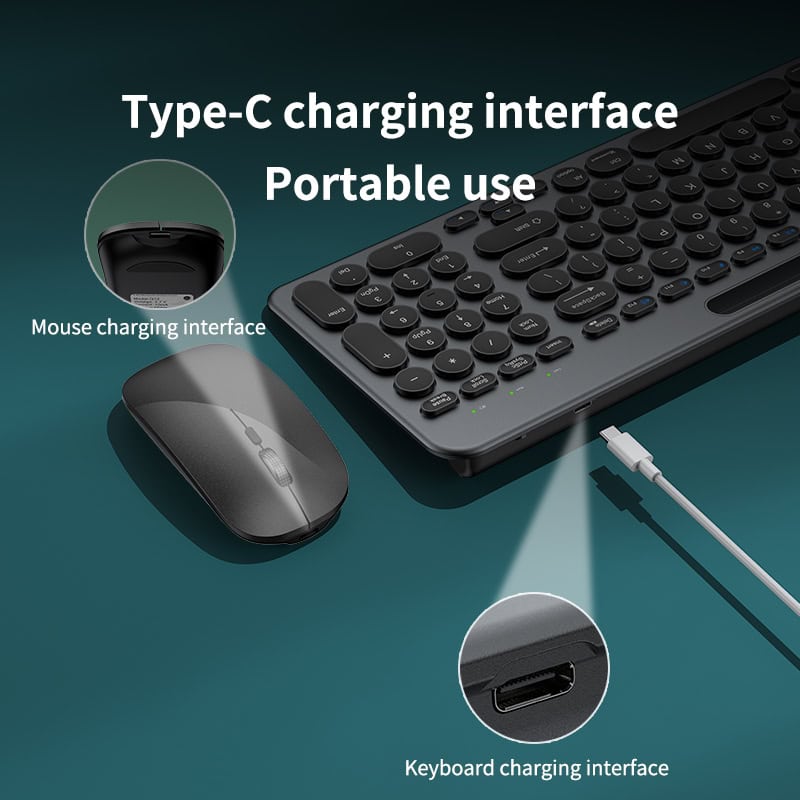 Wireless keyboard with Type-C charging port and portable design, compatible with various devices. Includes mouse and keyboard charging interfaces for seamless energy management.