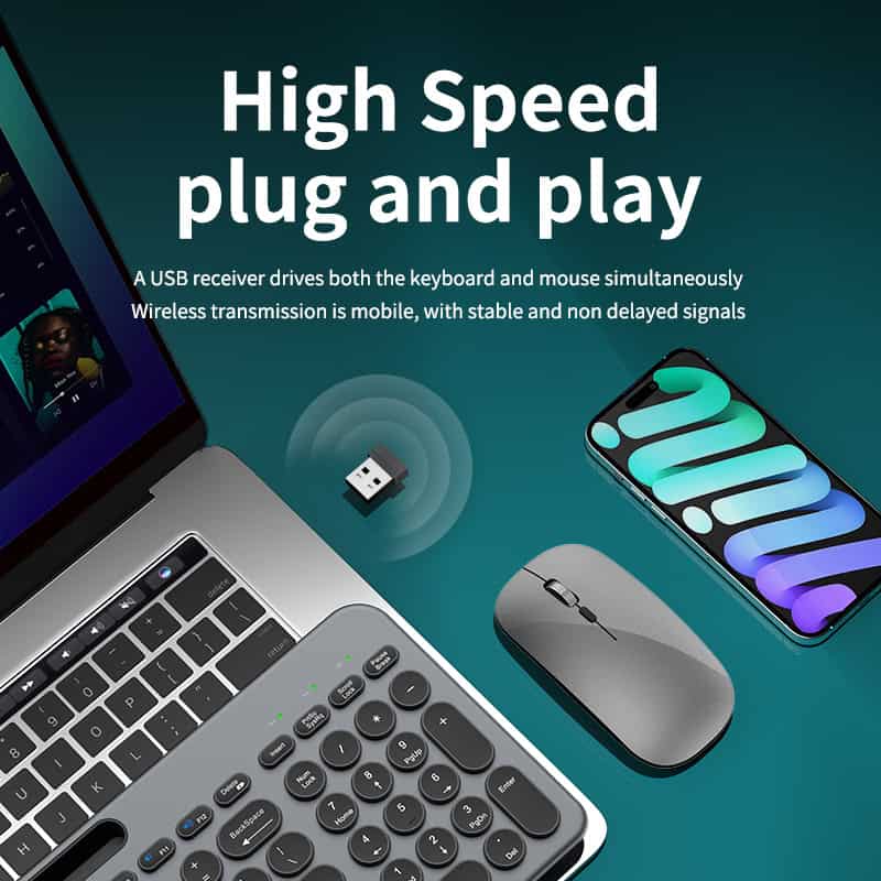 High Speed USB plug and play receiver drives wireless keyboard and mouse, enabling stable and non-delayed signals for seamless computer connectivity.