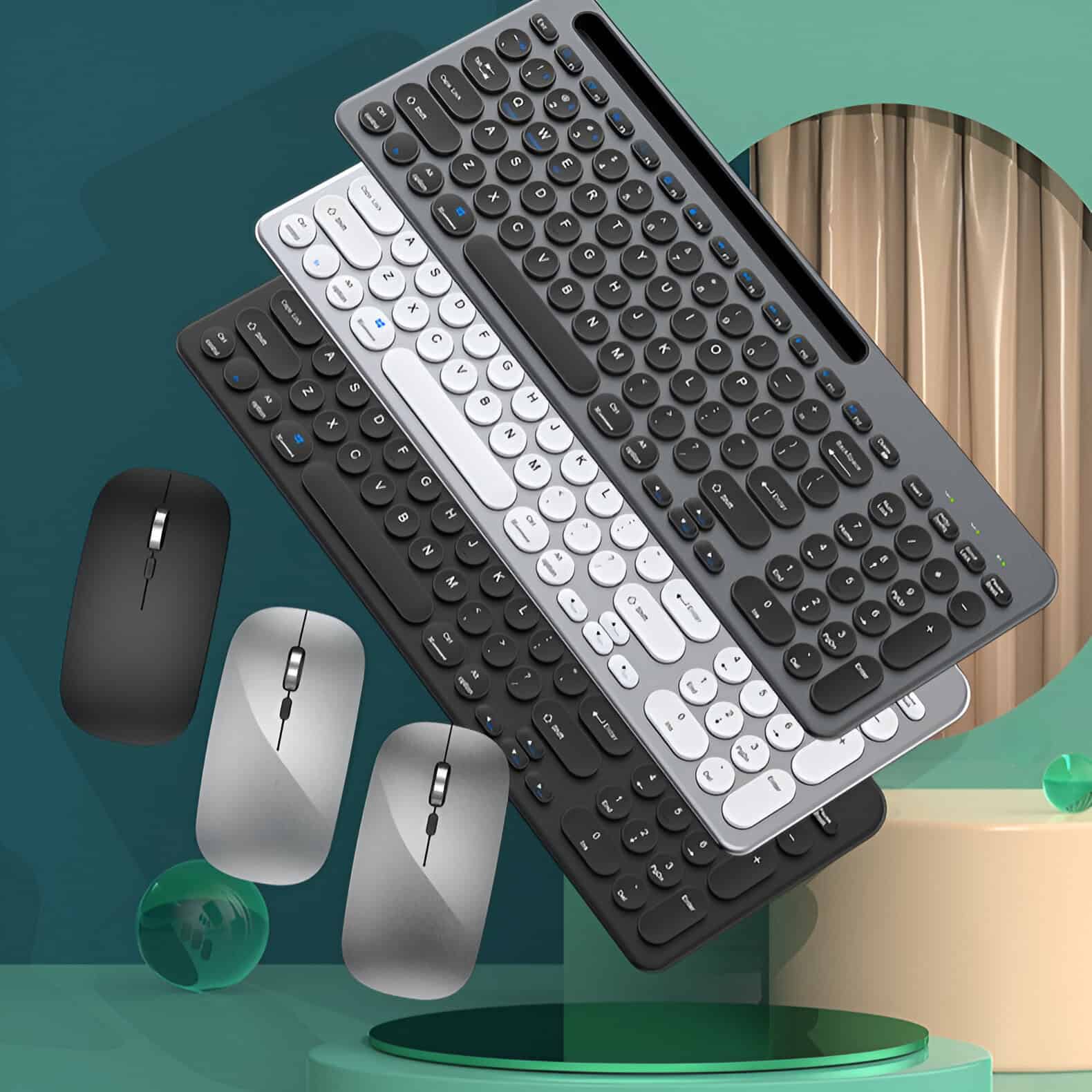 Wireless keyboard and mouse collection featuring modern, ergonomic designs ideal for office or home use for enhanced productivity.