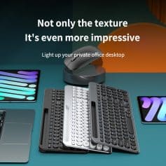 Keyboard and mouse set for office desk workspace, ergonomic wireless keyboard, computer mouse, tablet with colorful display, modern tech accessories, Monalisa Medical Store SEO keywords.