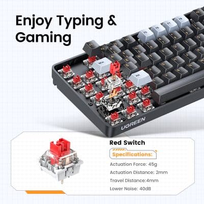 Enhanced gaming mechanical keyboard with customizable red switches for smooth performance and durability. Ideal for gaming, typing, and office use.
