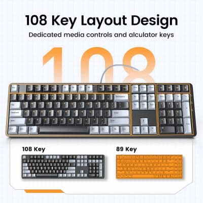 Professional mechanical keyboard with 108 key layout and media controls for gaming and office use.