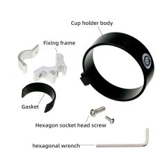 Optical device clamp with mounting components for eyewear or medical instruments, including cup holder body, fixing frame, gasket, hexagon socket head screw, and hexagonal wrench.