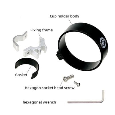 Optical device clamp with mounting components for eyewear or medical instruments, including cup holder body, fixing frame, gasket, hexagon socket head screw, and hexagonal wrench.