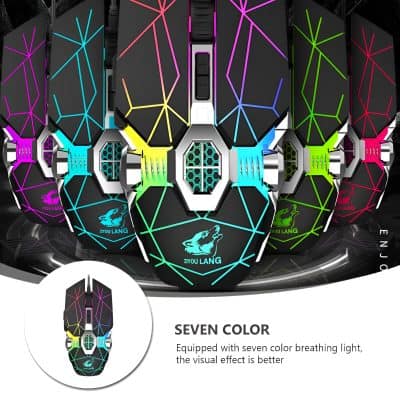 RGB gaming mouse with customizable seven-color breathable lighting for enhanced visual effects.