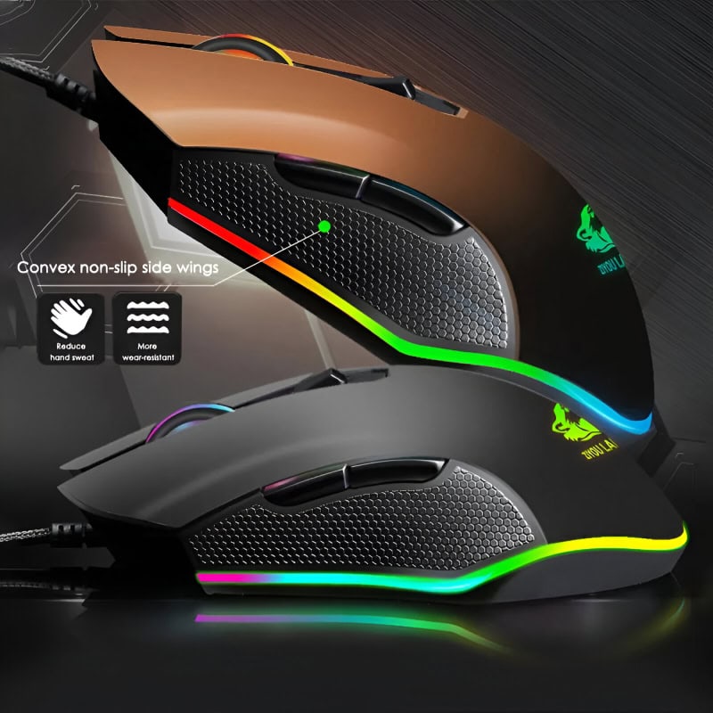 RGB gaming mouse with ergonomic design, convex non-slip side wings, and customizable lighting, reducing hand sweat and increasing wear resistance for optimal gaming performance.