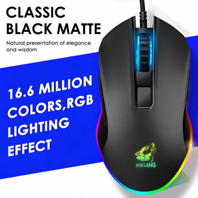 16.6 million colors RGB lighting effect on gaming mouse with black matte finish, ideal for gaming and computer use.