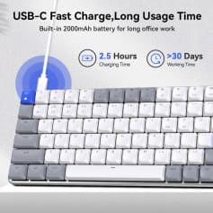 USB-C keyboard with fast charging, long battery life, built-in 2000mAh battery for office work, 2.5 hours charging time, and over 30 days of use; ideal for productivity.