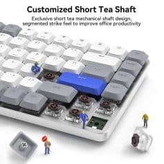 Miniature workers fixing a mechanical keyboard with broken key switches, emphasizing repair and maintenance services.