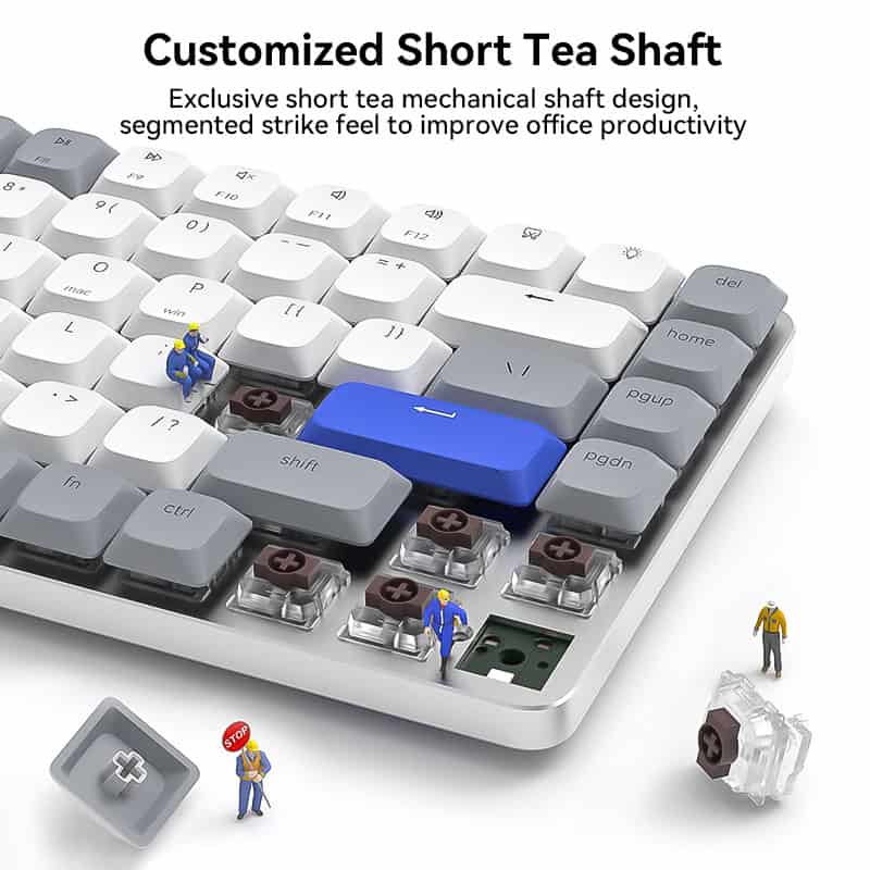Miniature workers fixing a mechanical keyboard with broken key switches, emphasizing repair and maintenance services.