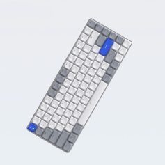 Compact wireless keyboard with white, gray, and blue keys, ideal for office and tech setups. Sleek, ergonomic design ensures comfortable typing experience for productivity.