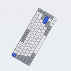 White and gray compact mechanical keyboard with blue Escape and Enter keys, ergonomic design, ideal for office and gaming setups.