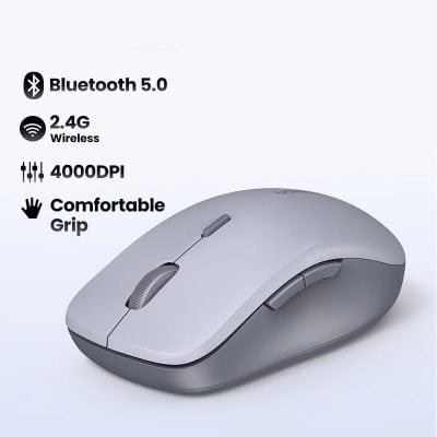Wireless computer mouse with ergonomic design for office and gaming use, featuring Bluetooth 5.0, 2.4G wireless connection, 4000 DPI accuracy, and comfortable grip for enhanced productivity.