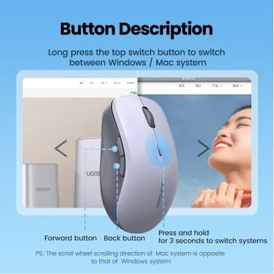 Wireless computer mouse for optometry clinics and eyewear stores, compatible with Windows and Mac systems. Features include forward, back, and press-and-hold functions for seamless navigation.
