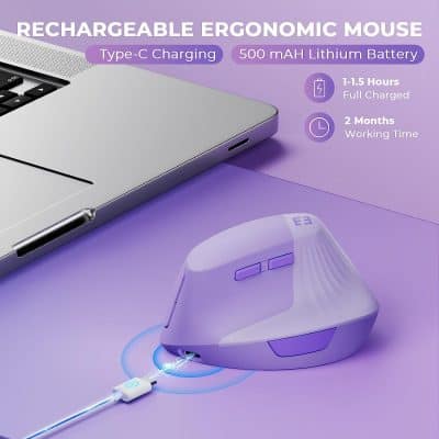 Rechargeable ergonomic wireless mouse with Type-C charging, 500mAh lithium battery, suitable for office and home use. Compatible with laptops and desktops, featuring fast charging and long battery life.