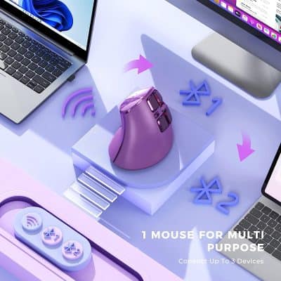 Wireless multi-device mouse with ergonomic design and Bluetooth connectivity for seamless use with laptops and desktops.