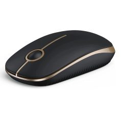 Wireless computer mouse with elegant black and gold design, ergonomic shape, and scroll wheel; ideal for office and gaming use.