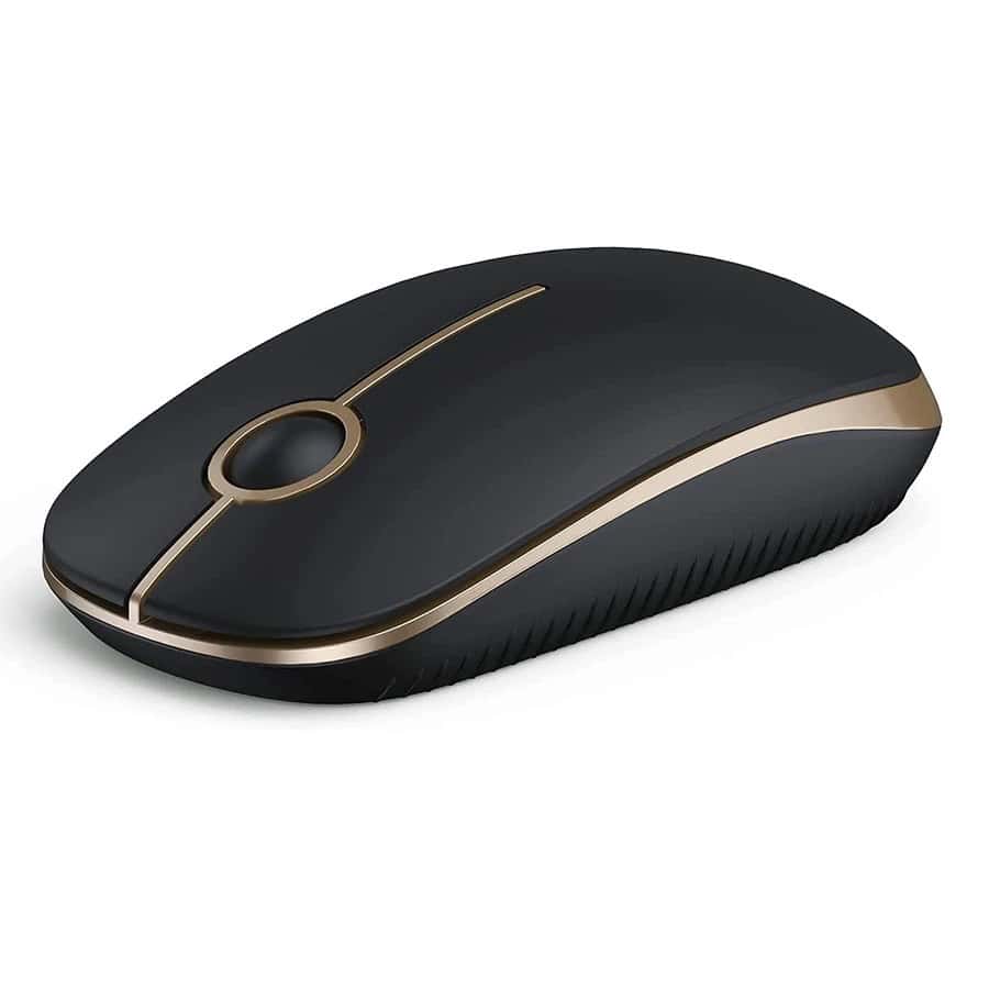 Wireless computer mouse with elegant black and gold design, ergonomic shape, and scroll wheel; ideal for office and gaming use.