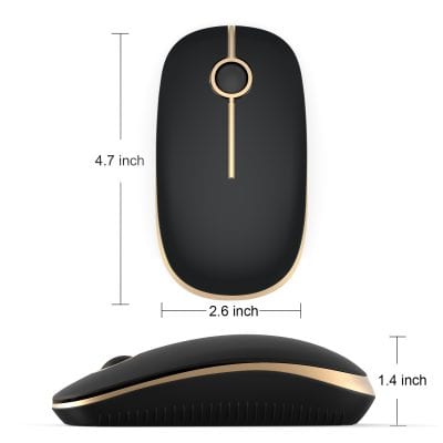 Wireless computer mouse with sleek black and gold design, compact size, ergonomic shape, and high precision for comfortable navigation and productivity.