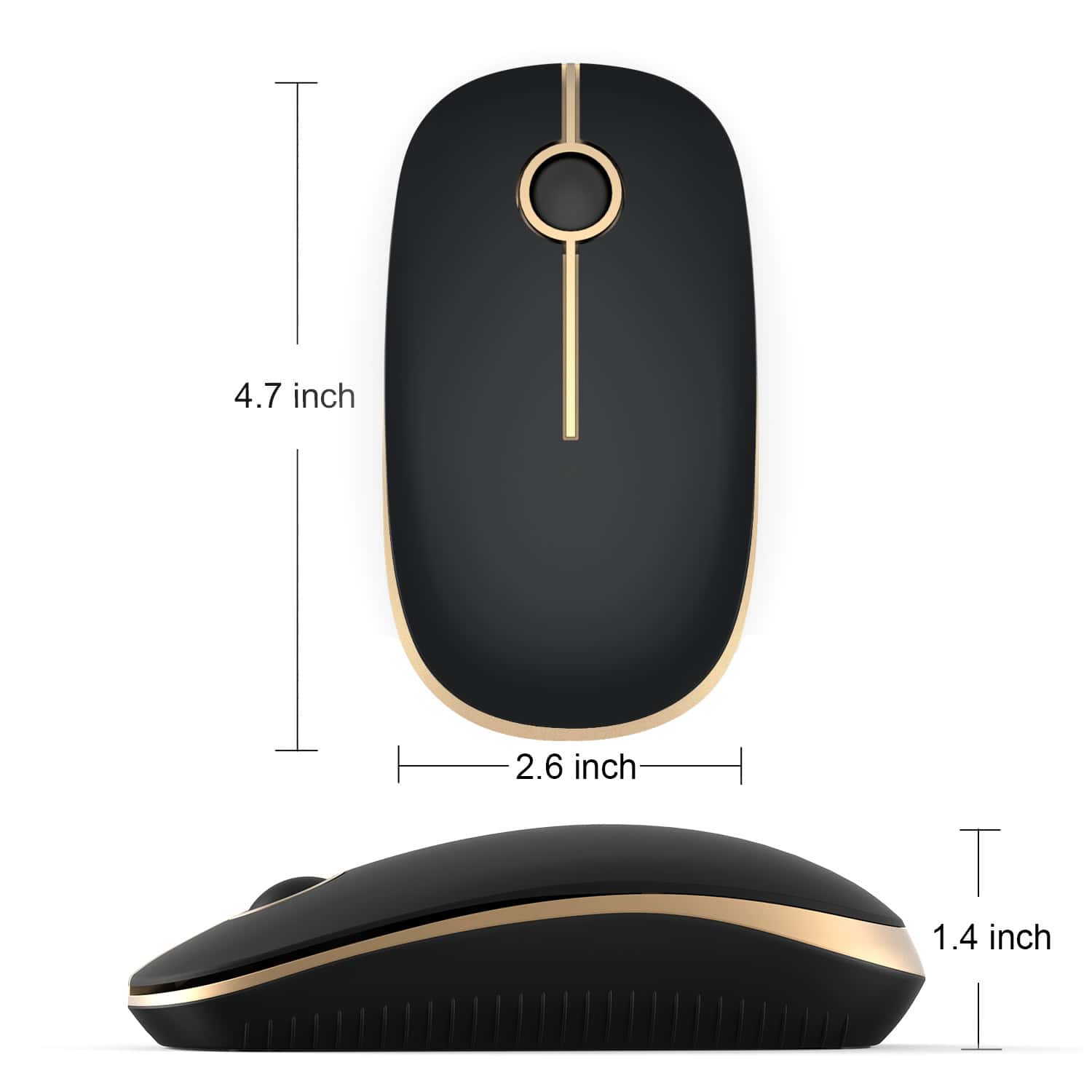 Wireless computer mouse with sleek black and gold design, compact size, ergonomic shape, and high precision for comfortable navigation and productivity.