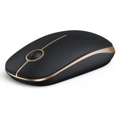 Wireless ergonomic computer mouse with sleek black and gold design, ideal for office and gaming setups. High-precision sensor for smooth navigation and comfortable grip for extended use.