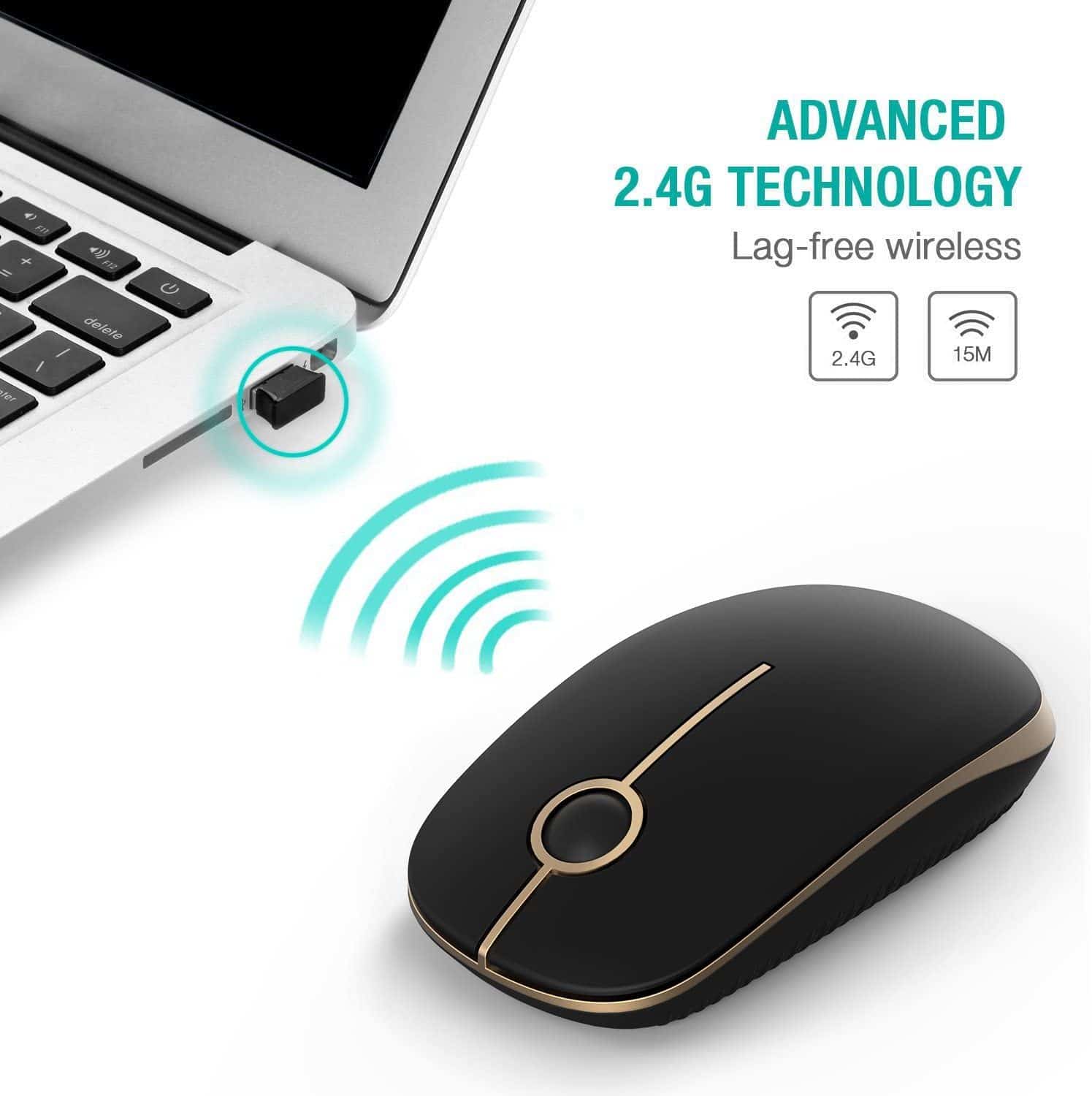 Wireless computer mouse with 2.4G technology and ergonomic design, ideal for office and gaming use.