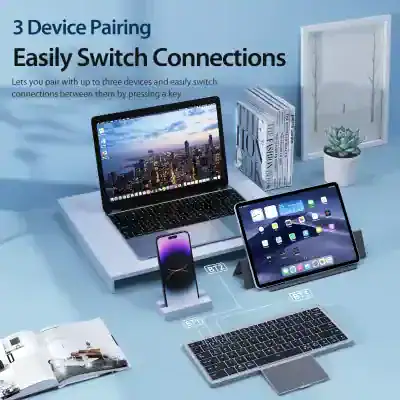 Wireless device pairing illustration showcasing seamless connection between smartphone, tablet, and laptop for productivity and convenience.