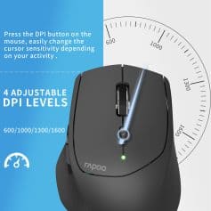 DPI adjustable computer mouse highlighting four DPI levels for precise control, suitable for office, gaming, and design work, featuring ergonomic design and customizable sensitivity.