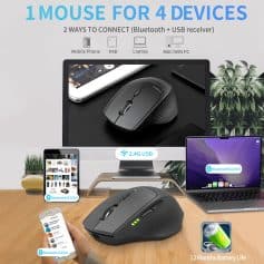Wireless ergonomic mouse for multi-device connectivity with Bluetooth and USB support, ideal for office and home use, featuring long-lasting battery life and seamless device switching.