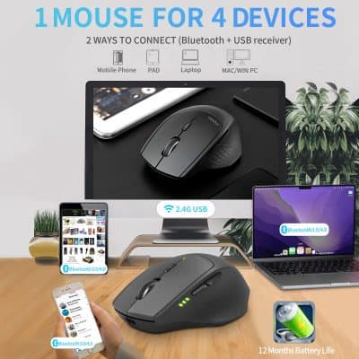 Wireless ergonomic mouse for multi-device connectivity with Bluetooth and USB support, ideal for office and home use, featuring long-lasting battery life and seamless device switching.