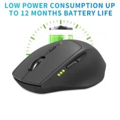 Extended battery life wireless mouse with low power consumption up to 12 months, ergonomic design, and adjustable DPI for seamless computer navigation. Ideal for office and gaming setups.