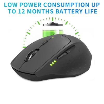 Extended battery life wireless mouse with low power consumption up to 12 months, ergonomic design, and adjustable DPI for seamless computer navigation. Ideal for office and gaming setups.