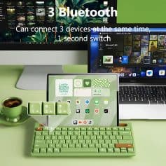 Wireless Bluetooth keyboard and tablet with smart home app interface on green background.
