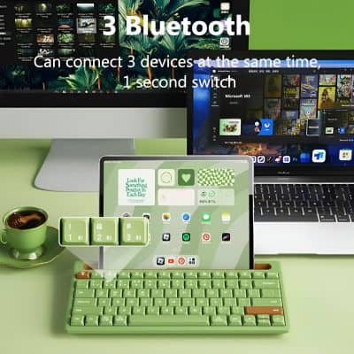 Wireless Bluetooth keyboard and tablet with smart home app interface on green background.