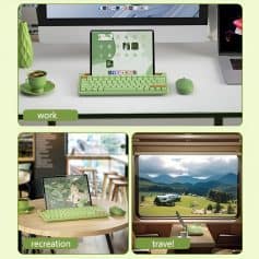 Green wireless keyboard and mouse with tablet setup on workspace.