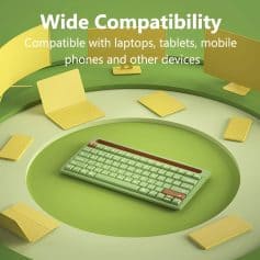 Wireless keyboard compatible with laptops and tablets in a green and yellow tech-themed display.