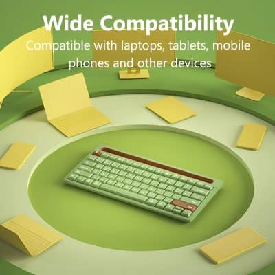 Wireless keyboard compatible with laptops and tablets in a green and yellow tech-themed display.