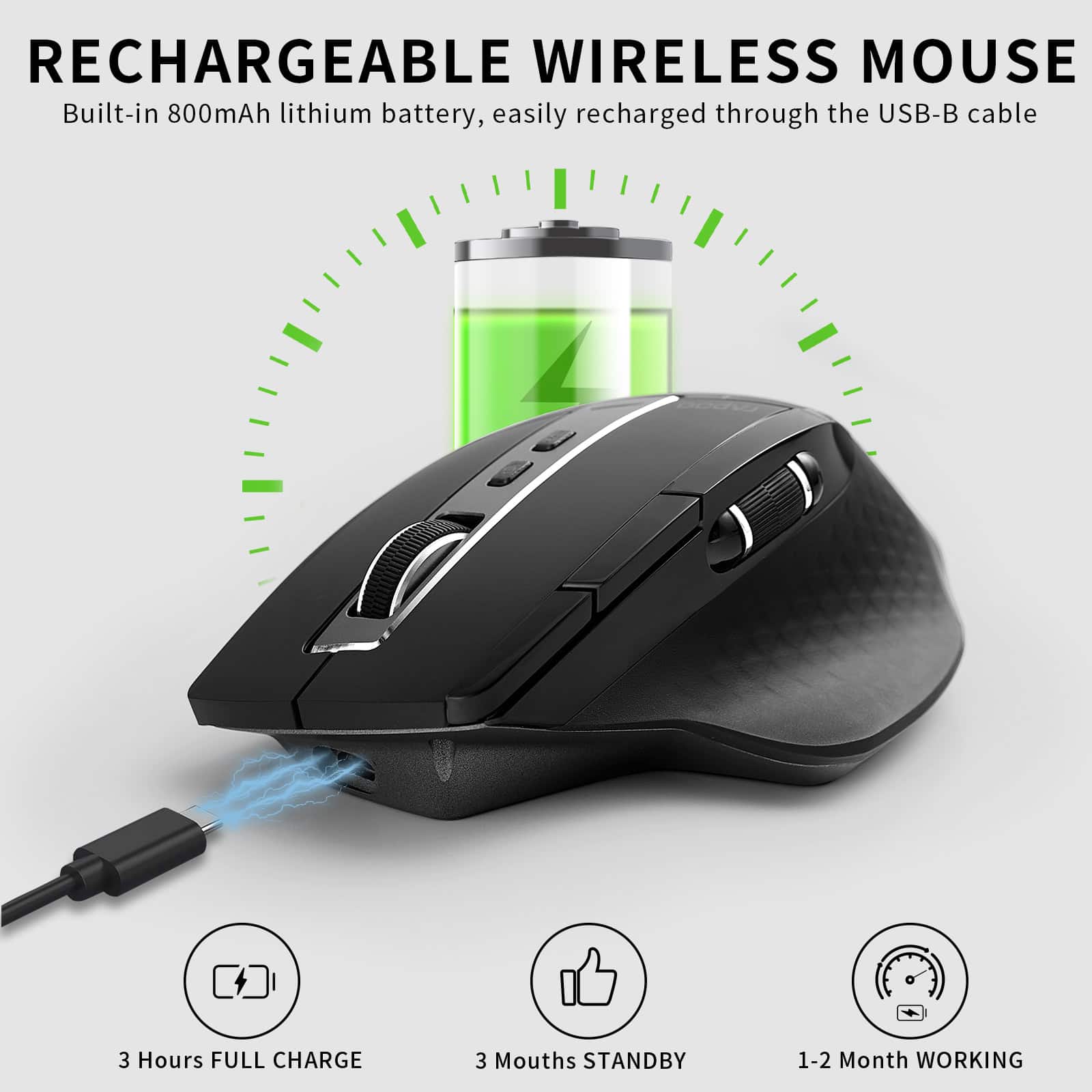 Rechargeable wireless computer mouse with built-in 800mAh lithium battery, easy USB charging, ergonomic design, suitable for office and gaming use.