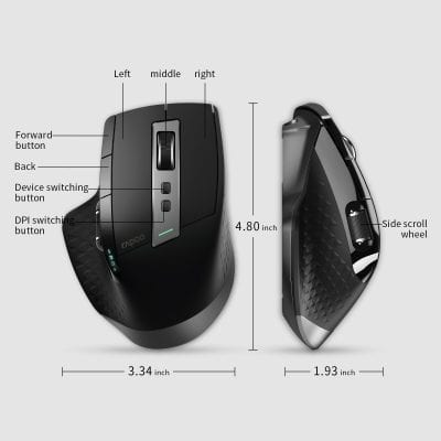 Wireless ergonomic computer mouse with multiple programmable buttons, side scroll wheel, and detailed ergonomic design, ideal for office or gaming setups.