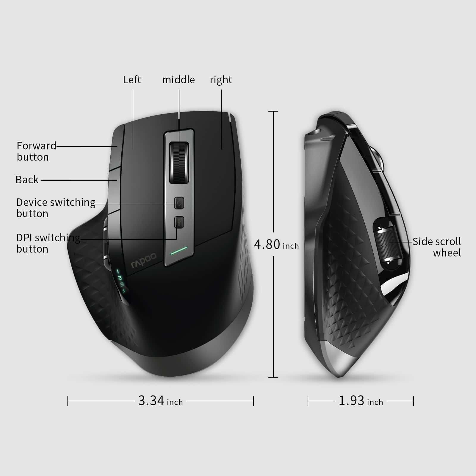 Wireless ergonomic computer mouse with multiple programmable buttons, side scroll wheel, and detailed ergonomic design, ideal for office or gaming setups.